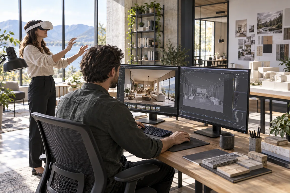 Visualisation artist rendering an interior while a colleague reviews it in VR