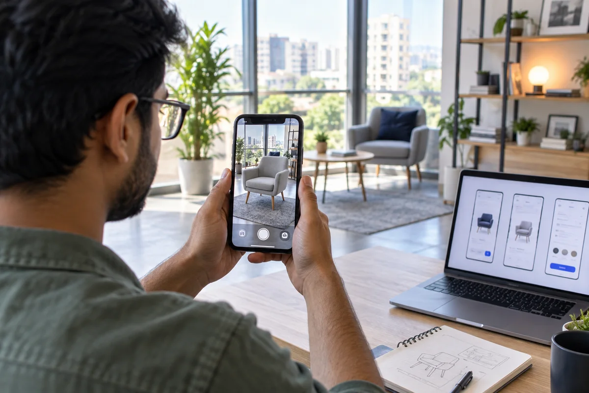Developer testing a furniture visualisation app through a phone camera