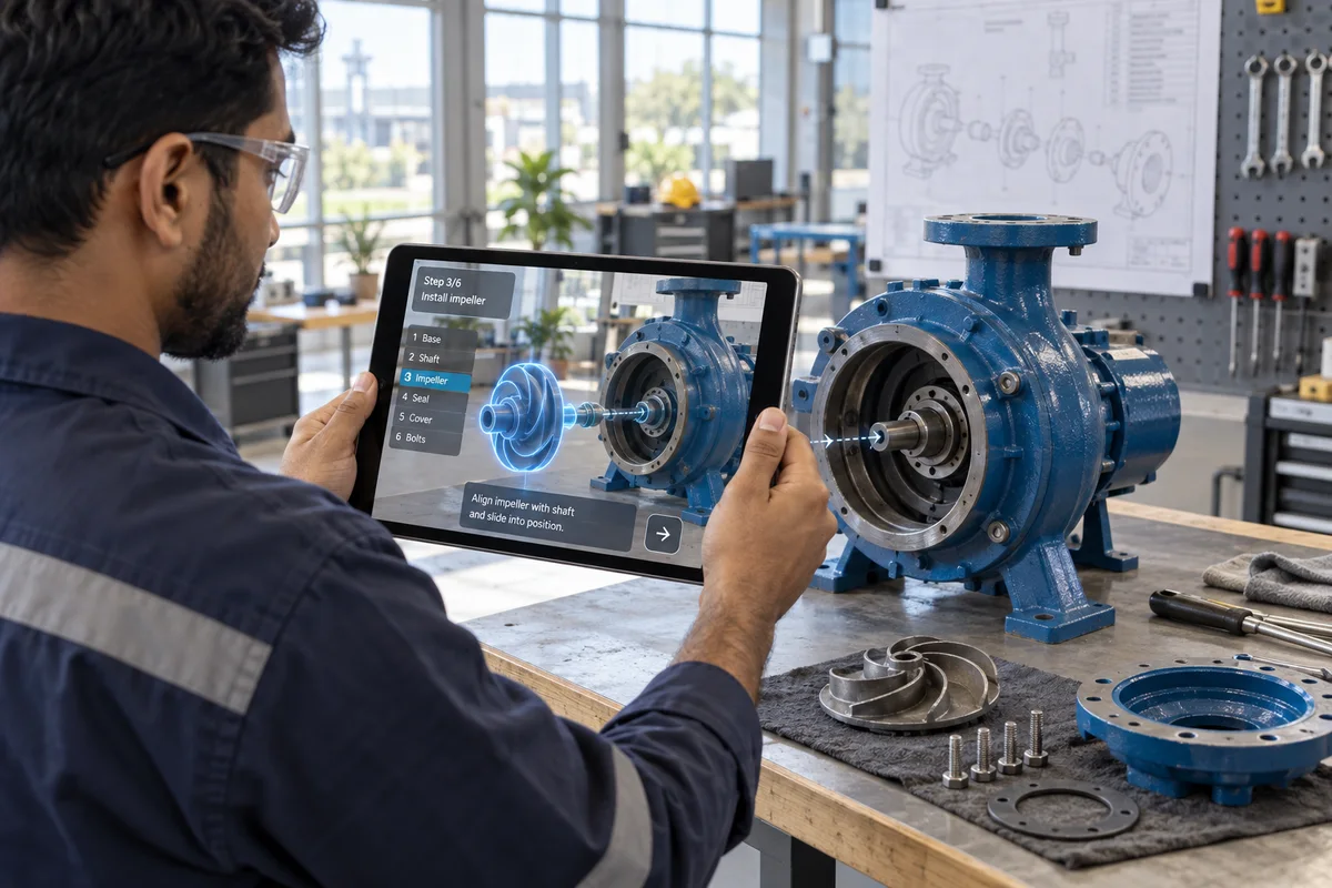 Technician viewing digital pump assembly guidance through an AR tablet