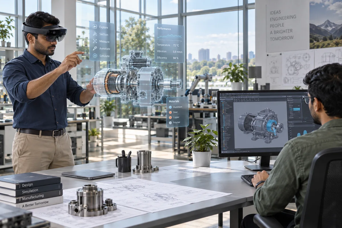 Engineer reviewing a mixed reality machine model with an application developer