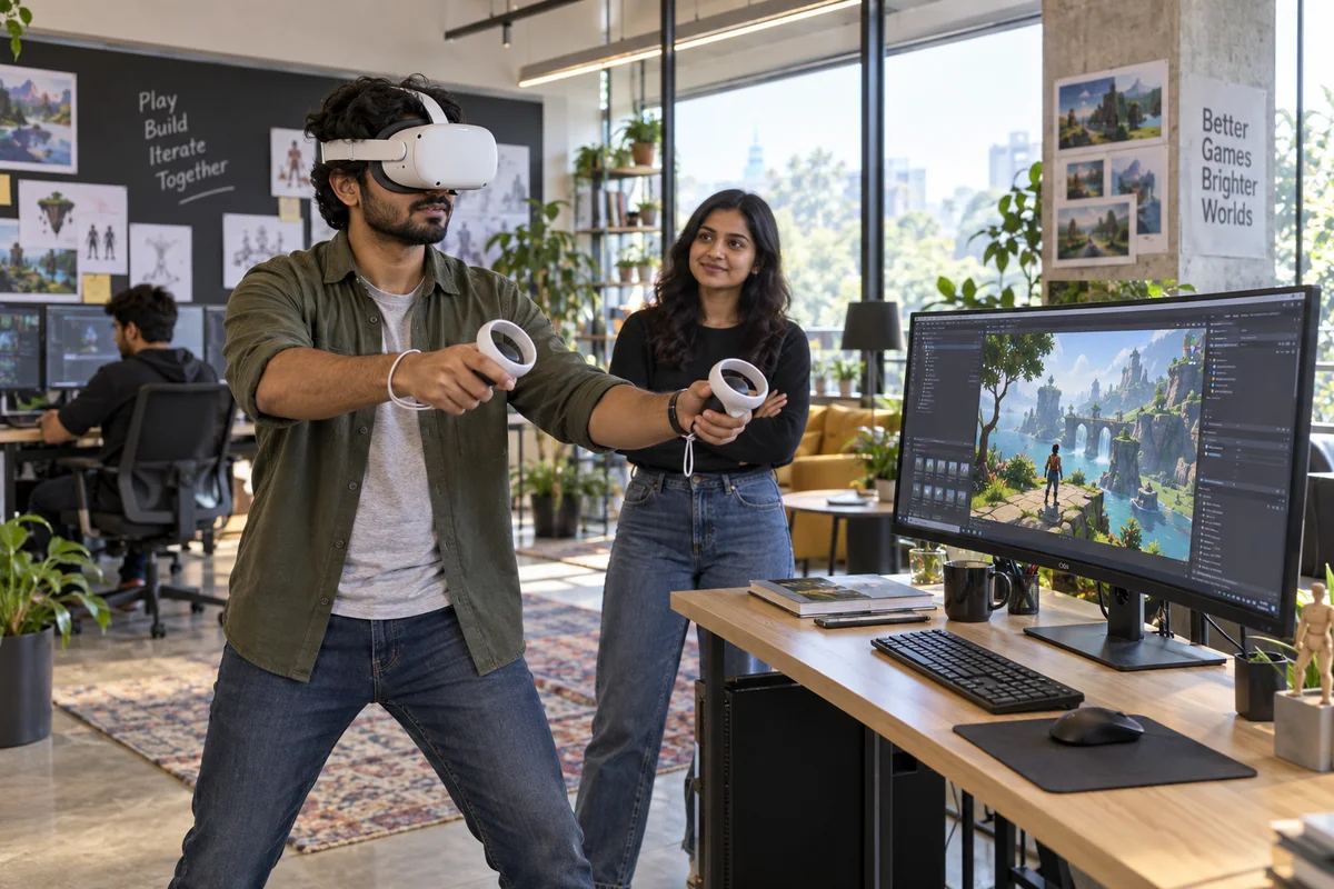 Game developer testing a VR adventure while a colleague observes