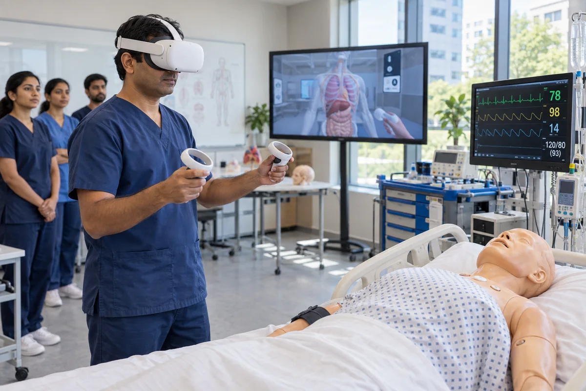 Clinical educator practising with VR beside a medical simulation mannequin
