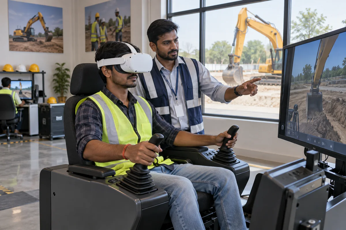 Trainee using a VR excavator simulator with joystick controls
