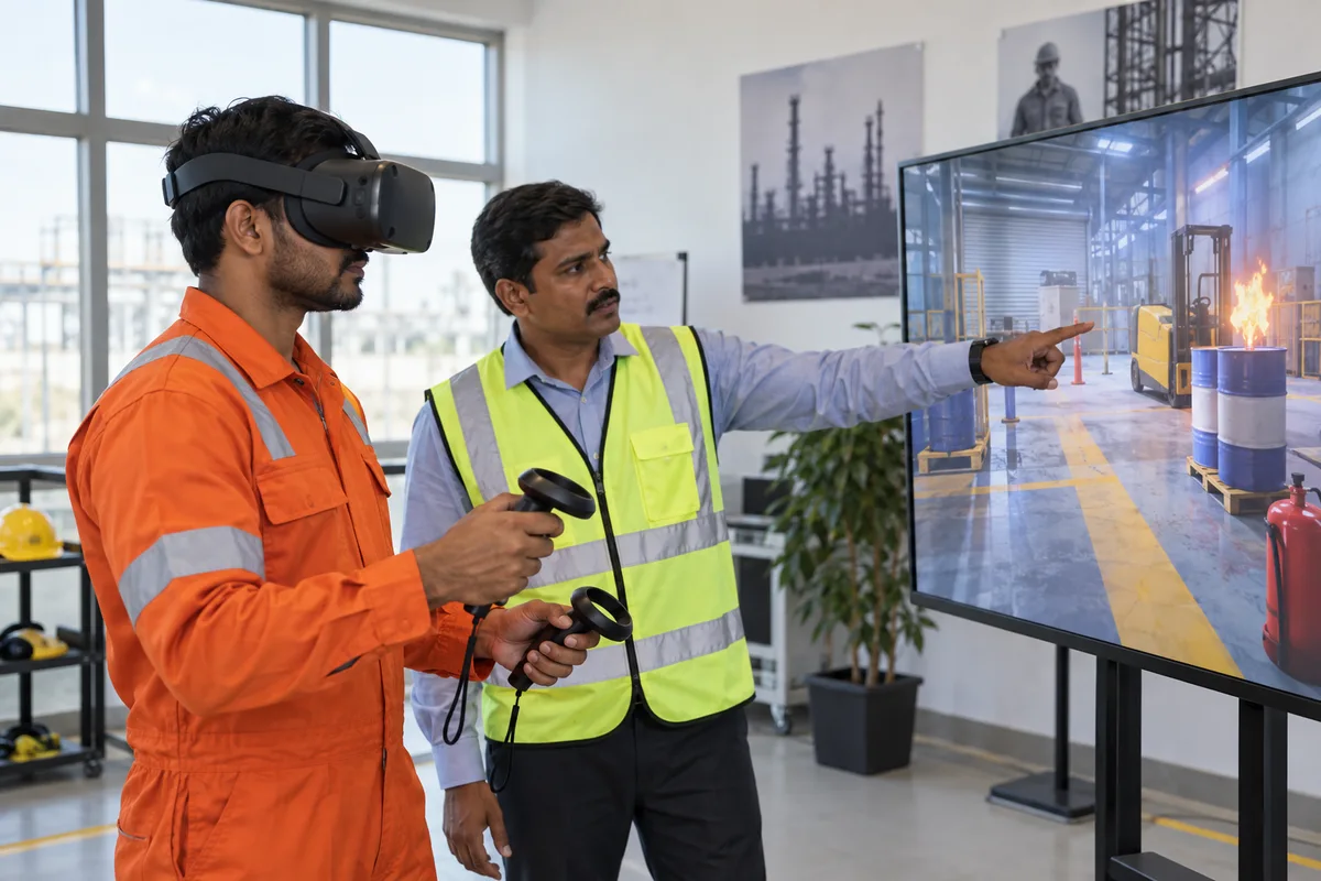 HSE manager supervising a VR fire-safety scenario