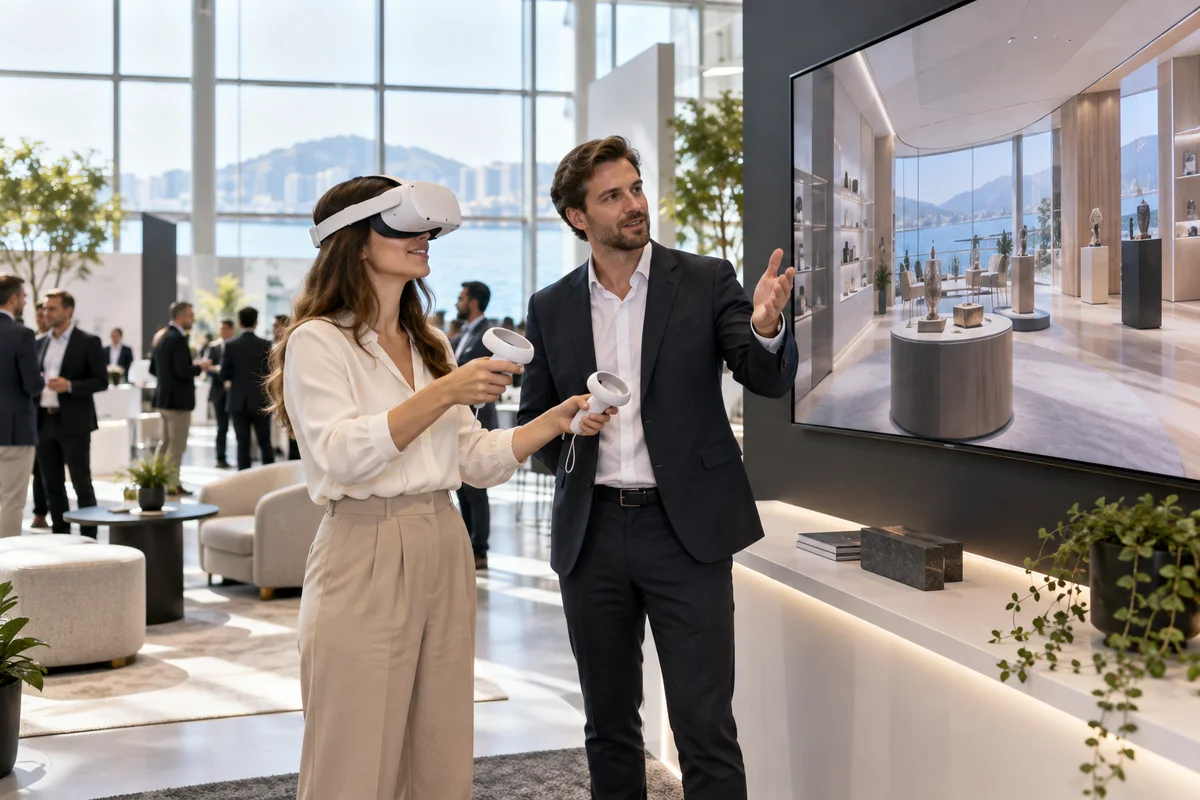 Visitor exploring a virtual product showroom with a VR headset
