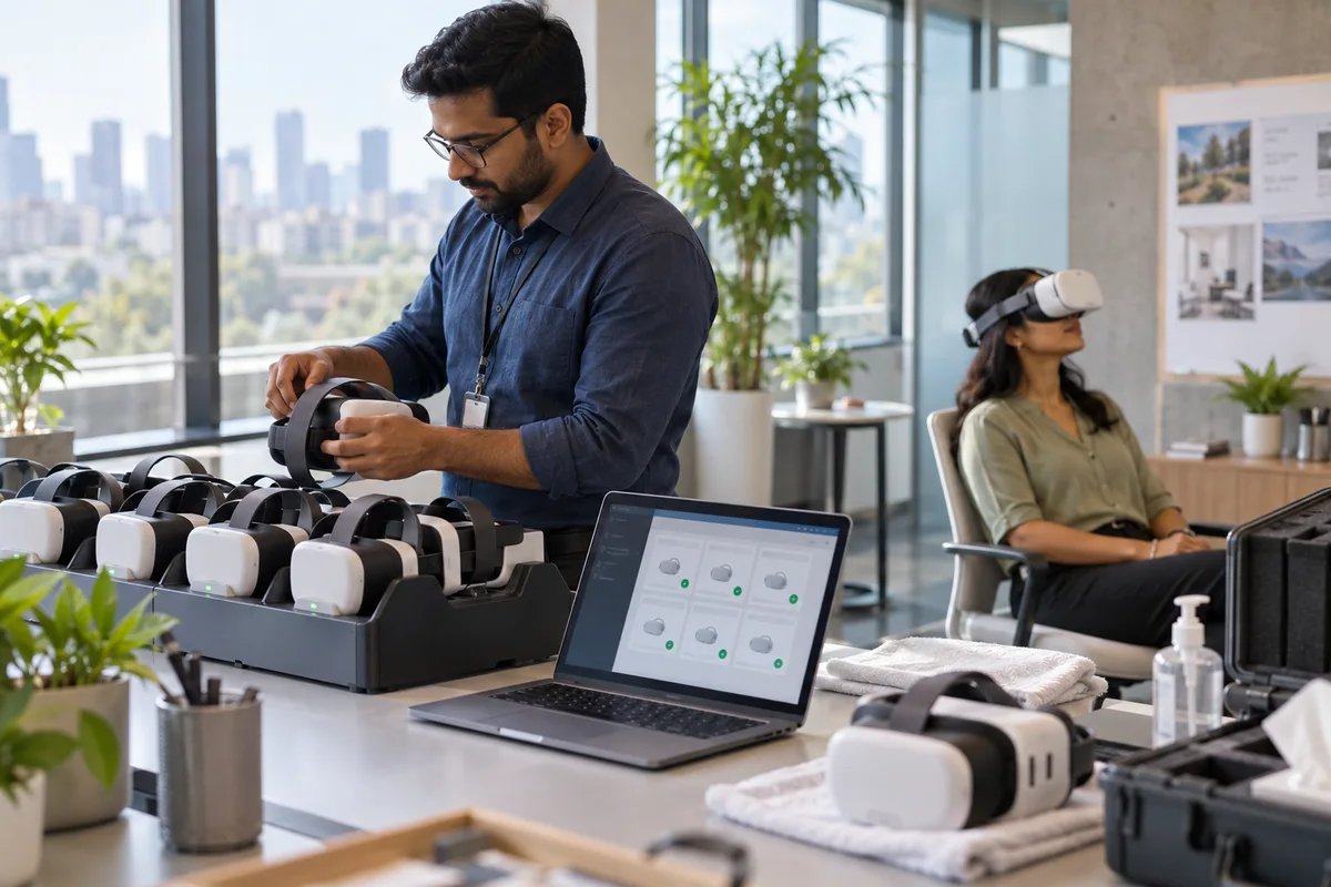 IT manager preparing VR headsets for employee training
