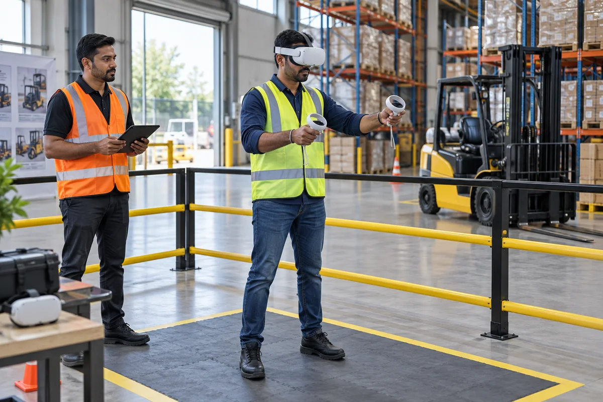 Warehouse worker practising with VR in a separated training zone