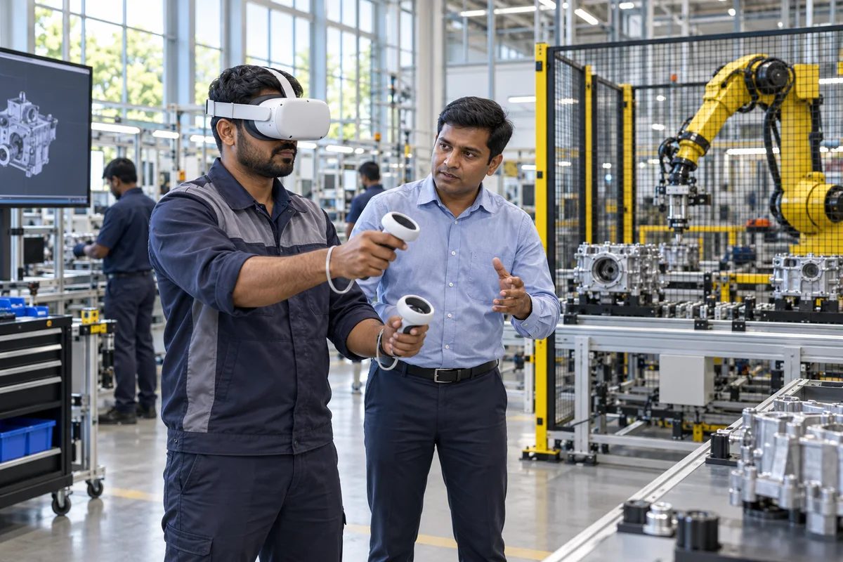 Factory operator practising assembly with VR beside an instructor