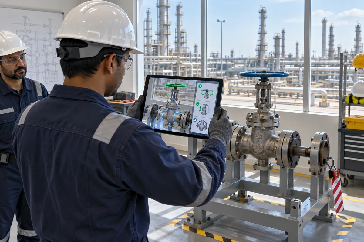 Engineer using AR valve guidance in an oil and gas training centre
