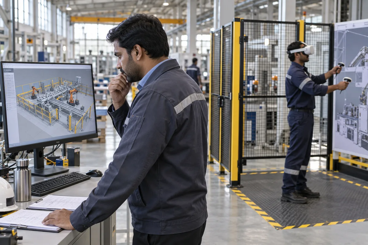 Operations manager reviewing a factory simulation while an operator trains in VR