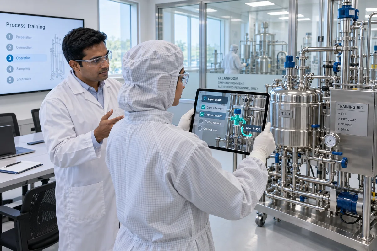 Staff using AR guidance on a pharmaceutical process training rig