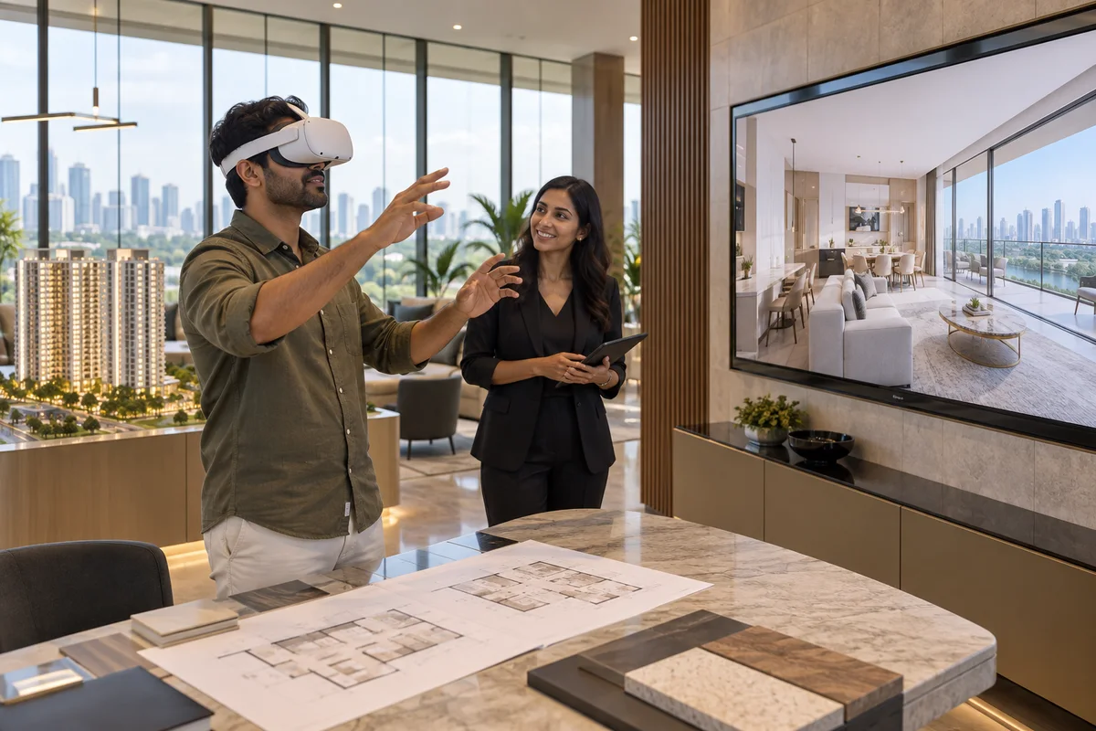 Buyer exploring an apartment in VR with a property advisor