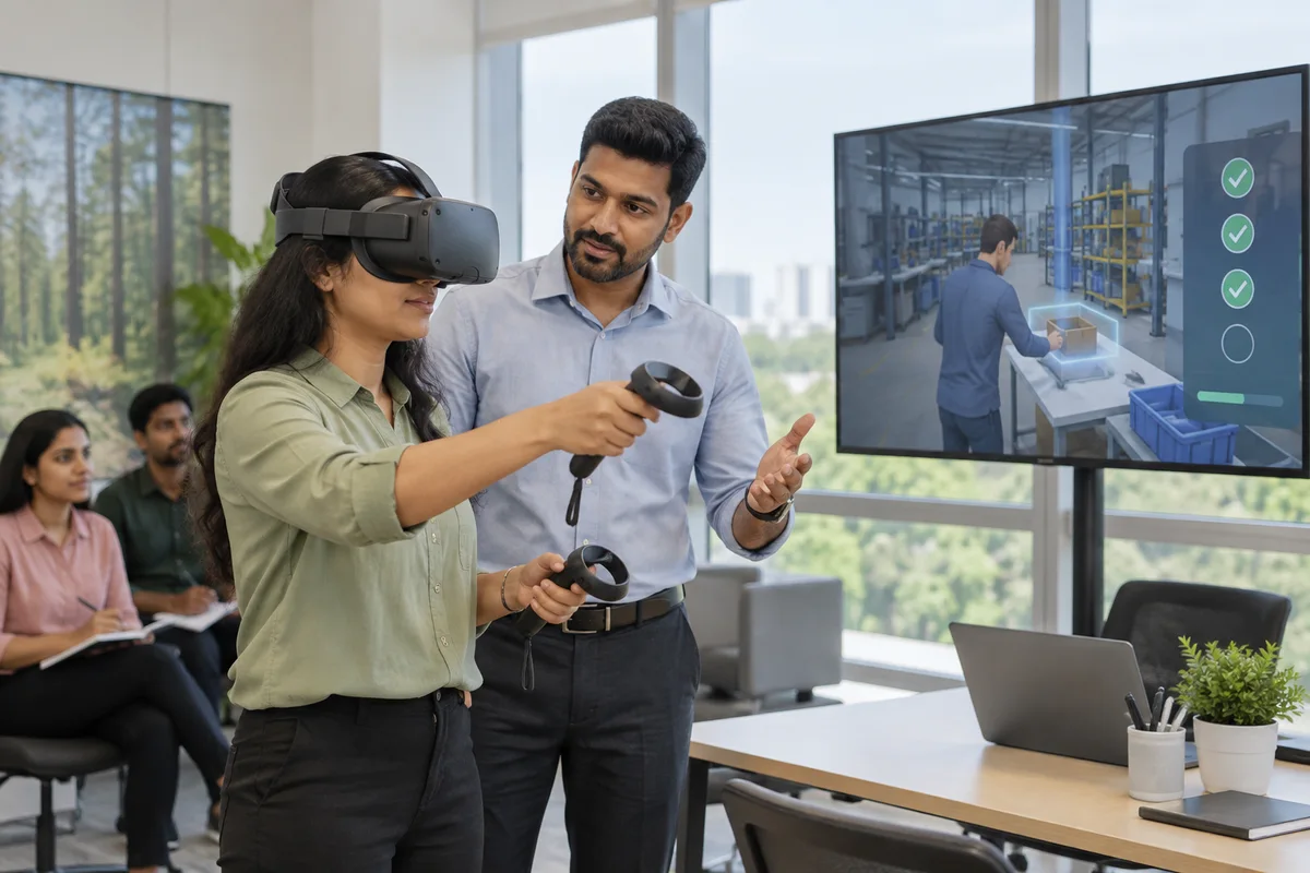 Training manager coaching a new employee during VR practice
