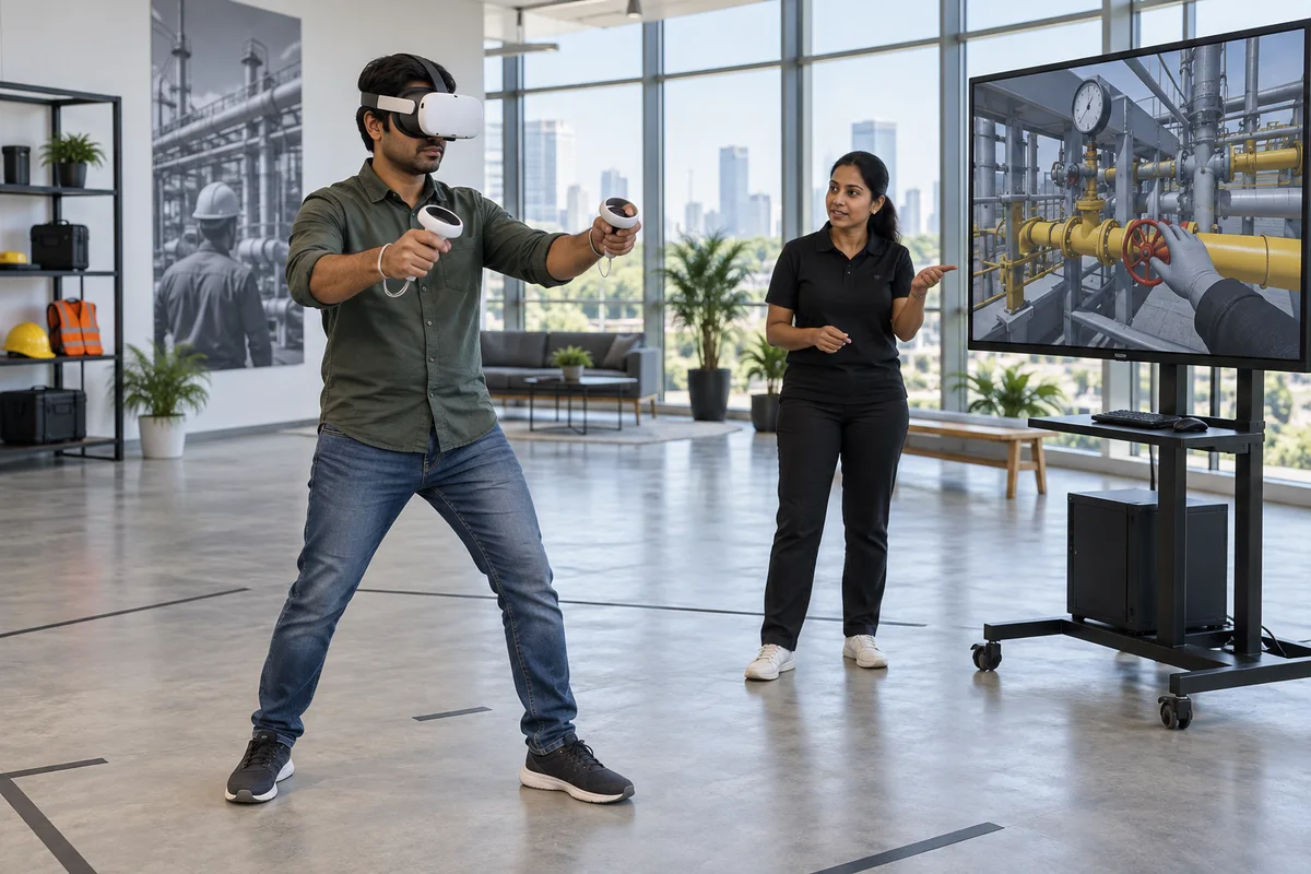 Learner practising an industrial task in VR with an instructor