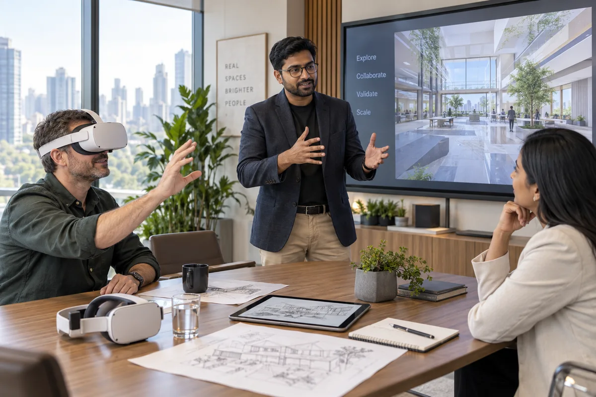 Consultant guiding business stakeholders through an XR pilot